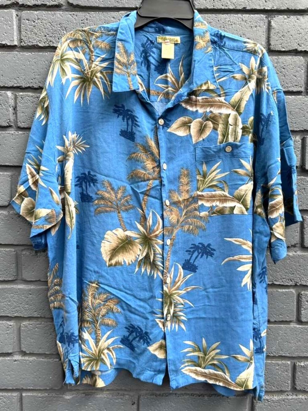 Islander Mens 2X Blue Tropical Palm Tree Short Sleeve Hawaiian Button Down Shirt